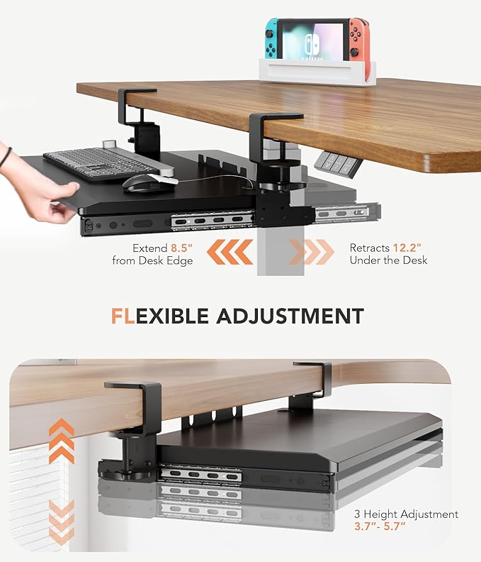 Hemudu Keyboard Tray Under Desk Pull Out with Extra Sturdy C Clamp Mount System, 27.3 (32.5 inch Including Clamps) x 11 Inch Slide-Out Platform Computer Drawer for Typing Black