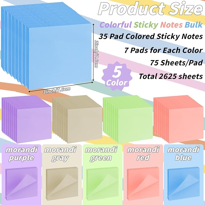 35 Pack Sticky Notes Bulk 3 x 3 In Self Stick Notes Pads Colorful Posted Note in 5 Morandi Pastel Colors Adhesive Paper Memo 75 Sheets/Pad Easy to Post for Office Home School Notebook Wall Door Window