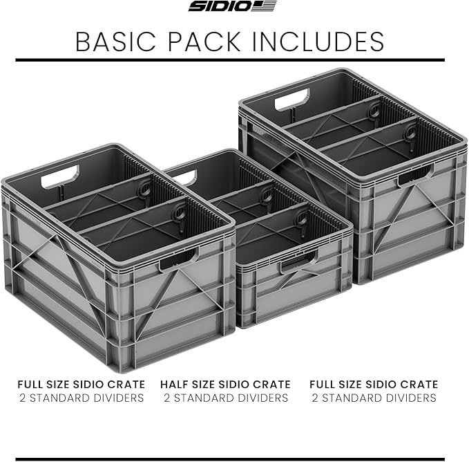 SIDIO Crate Basic Pack - 2 Full-Size & 1 Half-Size Heavy Duty Stackable Storage Bins, Totes and Containers with Dividers - Durable Plastic Organizer for Home, Office, Garage, and Outdoor Use, Gray
