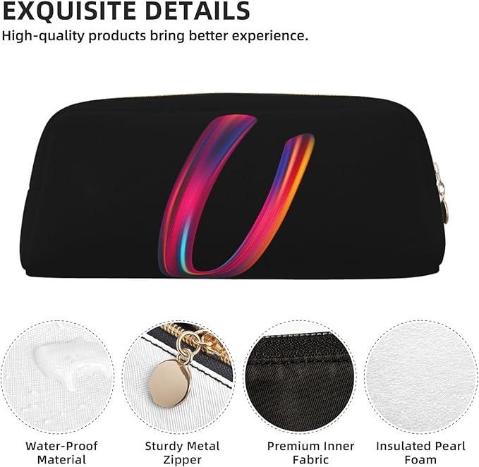 Cute Initial Pencil Case for Kids Simple Leather Pencil Pouch for Boys Girls Letter Design Pencil Box Pen Bag Pencil Pouch Office Stationery Organizer, Rainbow Letter U