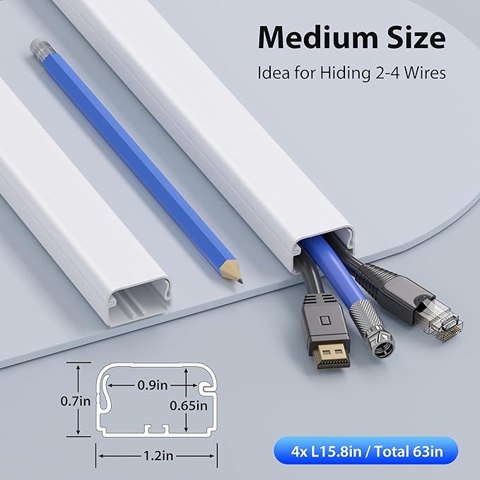 ZhiYo Large Capacity Wire Hiders for TV on Wall, 63in (4xL15.8in) PVC Cable Cover, Snap and Lock Design, White Cord Covers for Wires on Wall