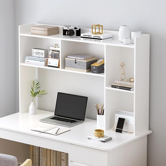 Wooden Desktop Hutch Bookshelf - Free Standing Desk Storage Shelf with Top Edge for Computer Desk, Desktop Bookcase for Dorm, Home or Office, Countertop Organizer, White, 53.2"