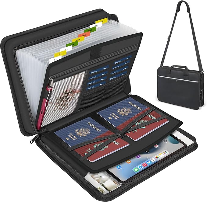 Accordion File Organizer with Lock and Shoulder Straps,Fireproof Waterproof Document Organizer Folder with Handle, Portable Large Capacity File Holder for Home Office School