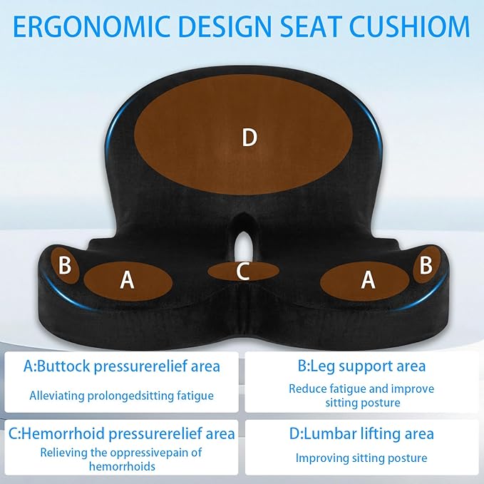 Ergonomic Memory Foam Reenly Seat Cushion & Non-Slip Base with Adjustable Straps,Seat Cushion for Truck Driver and Office Chair Cushion,Removable Washable Cover- Plush Velvet