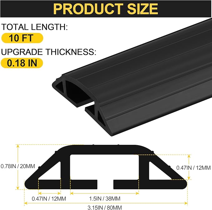 MYFAMIREA 10FT Floor Cord Cover Heavy Duty Cable Cover Protector 3 Channels Extension PVC Floor Wire Cover Outdoor Cord Hider Management Cord Cover for Wire on Floor for Home Office Outdoor, Black