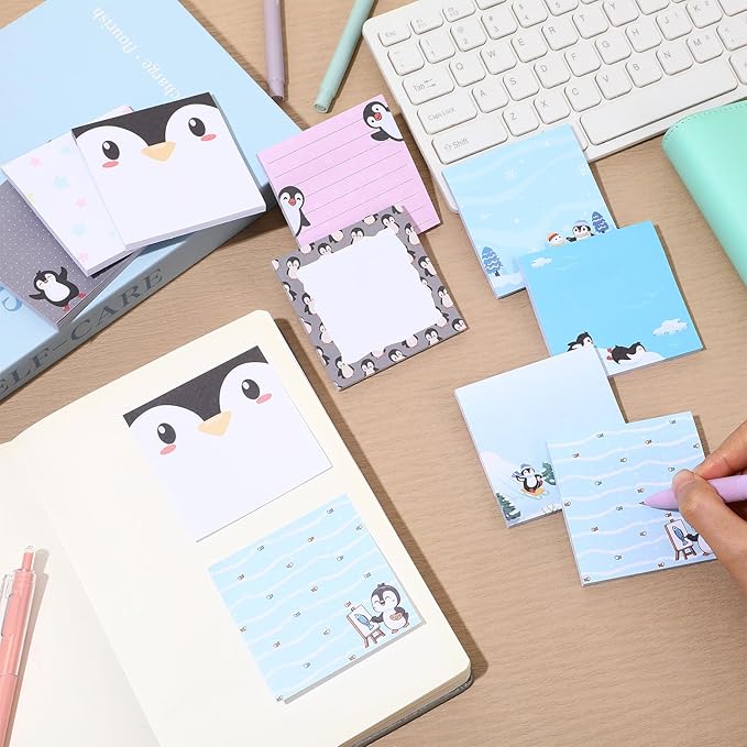 9 Pads Penguin Sticky Notes 3x3 Inch Cute Self Stick Notepads Notes Adhesive Memo Pad Office Decor Gifts for Students School Teacher Meeting Office Supplies