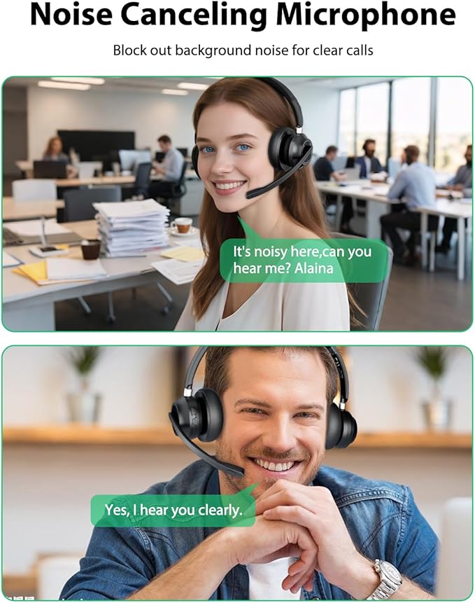 Blue Air Wireless Headset with Mic for Work, Bluetooth 5.1 Headphones with Noise Canceling Microphone, USB Dongle, 45H Playtime, Clear Calls & Mic Mute for PC, Laptop, Call Center, Teams, Black