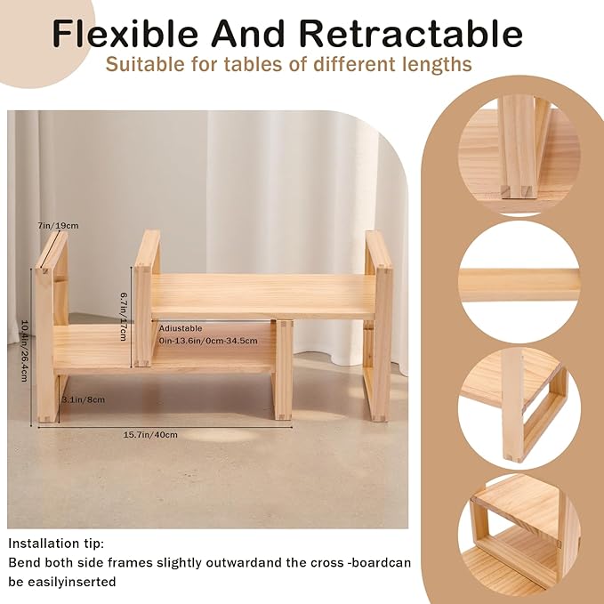 Desk Shelves Desktop Organizer Shelf-No Tools Assembly Interlocking Joints for Enhanced Stability Holds 130lbs for Desk Organizers and Bookshelf Table Top Shelving in Office--Pine Nature Wood Color