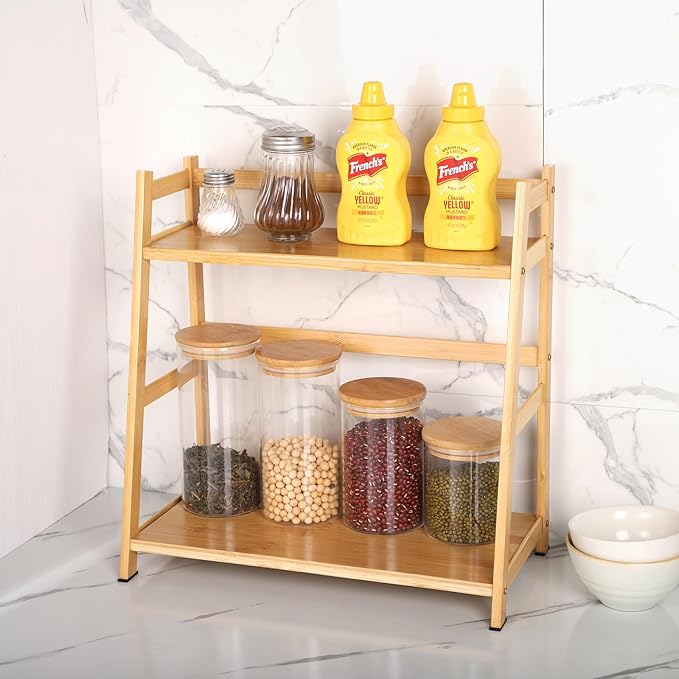 2-Tier Ladder Desktop Bookshelf, 15.75" Wide Wooden Countertop Storage Hutch for Office, Dorm and Home, Desk Organizer for Books and Decor