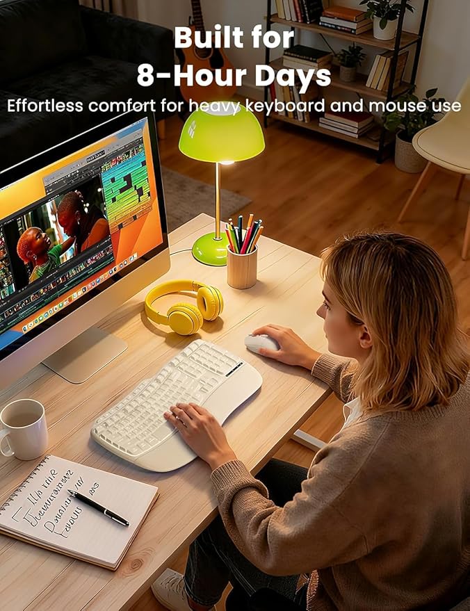 White Wireless Keyboard and Mouse Combo, Light up Ergonomic Keyboard Set, 2.4G Full Size Ergo Wave Key Board with Cushioned Plam Rest, Silent Mouse, for Computer/Laptop/Windows/Mac, Sablute