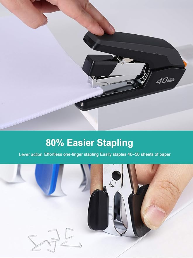 Deli Effortless Desktop Stapler, 40 Sheet Capacity, One Finger Touch Stapling, Easy to Load Ergonomic Heavy Duty Stapler, Includes 1500 Staples and Staple Remover