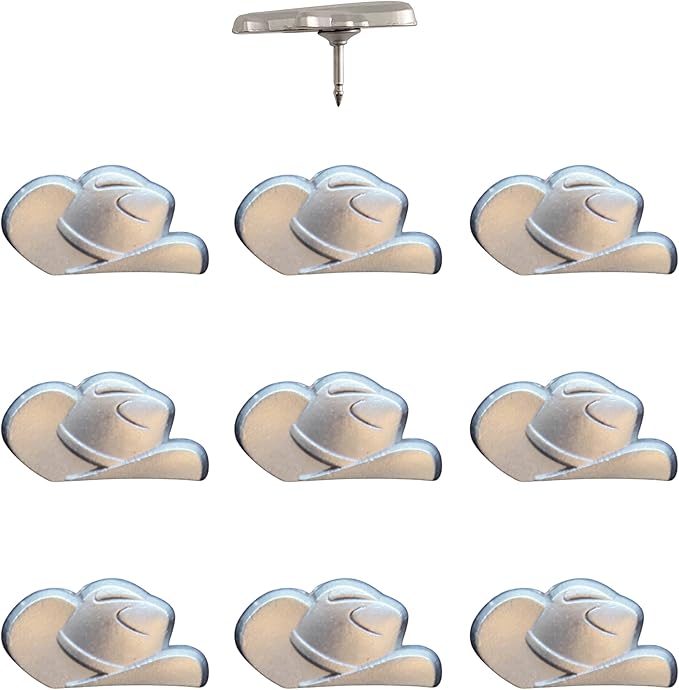 Cowboy Hat Push Pins - Silver Cowboy Hat Map Pins for Cork Boards, Maps, or Lapel Use - Designed in USA - Set of 10