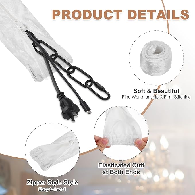 PATIKIL 3.3ft Chandelier Chain Cord Cover, 2 Pcs Velvet Cloth Fabric Chain Sleeve Decorative Cord Covers for Chandelier Wires Swing Cable, Zipper Style, White
