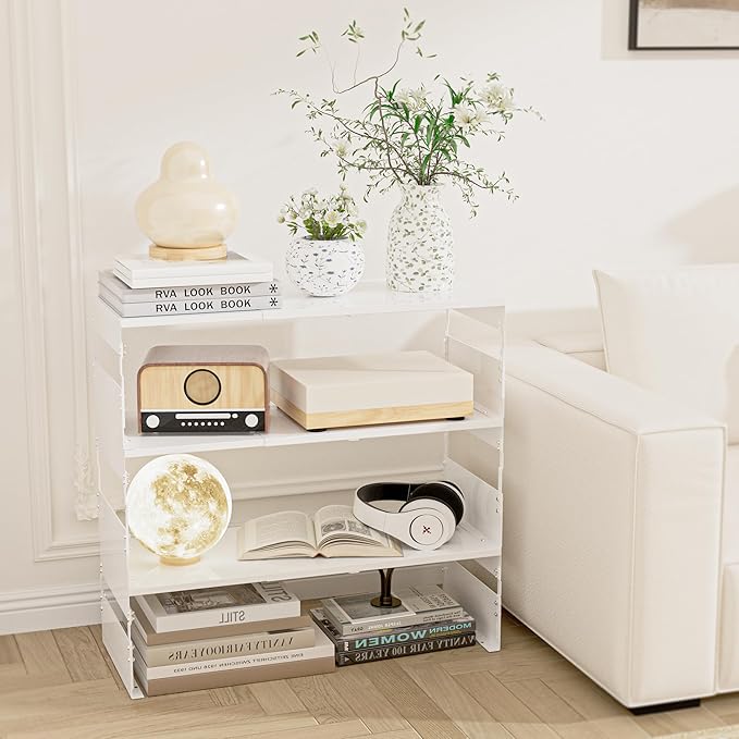 Adjustable Metal Bedside Shelf – Stackable Shelf for Bedroom, Living Room, Office, Space-Saving Storage Organizer, Easy Assembly，Sleek Matches Any Decor(1PACK/White)