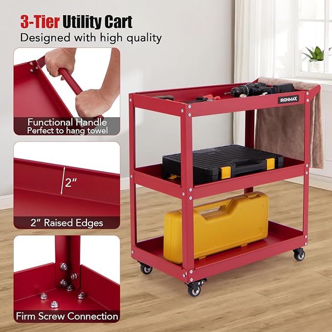Goplus 3-Tier Utility Cart, Heavy Duty Commercial Service Tool Cart w/3 Spacious Shelves, 4 Universal Wheels with 2 Brakes, Rolling Mechanic Tool Cart Storage Organizer for Warehouse Garage