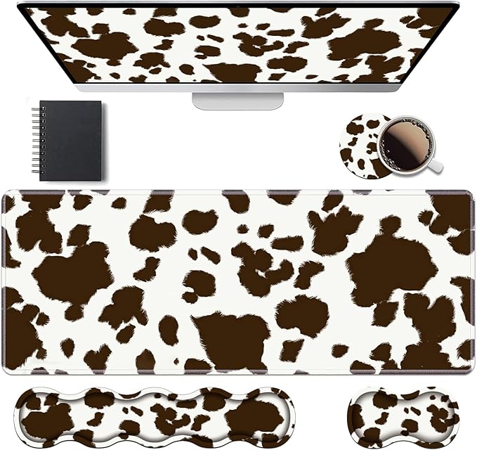 Ergonomic Keyboard Wrist Rest & Mouse Pad Wrist Rest Set, Large XXL Gaming Desk Mat 31.5"x 11.8" with Memory Foam, Easy Typing Pain Relief for Office & Home, Cow Print