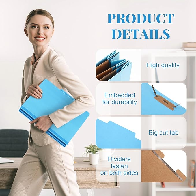 Skyygemm 60 Pcs Classification Folders Letter Size, 3 Divider Pressboard File Folder with Fasteners, Expanding File Organizer Bulk for Teachers, Clergy, Office, Church, Christmas Donations (Blue)