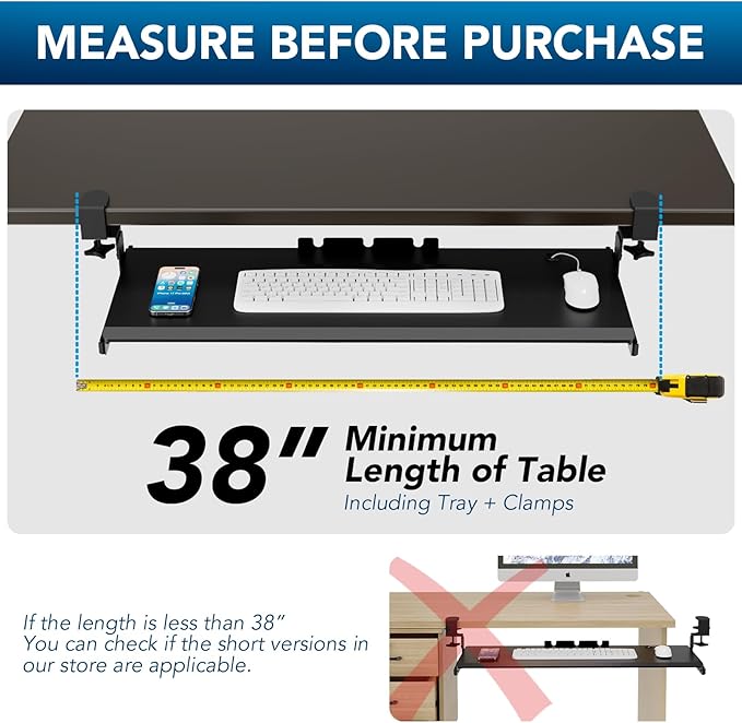 AX WABER Keyboard Tray Under Desk Pull Out with 3 Height Adjustable Extra Sturdy C Clamp Mount System, 32.8 (38 inch Including Clamps) x 12 Inch Slide-Out Platform Computer Drawer for Typing