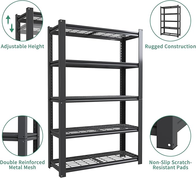 72" H Heavy Duty Garage Shelving, Metal Storage Shelves, 5 Tier Adjustable Storage Shelves, Industrial Utility Rack for Warehouse, Basement, Workshop, Kitchen, 16" D×35" W×72" H, Black