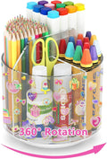 Acrylic Pencil Organizer for Desk 4 Compartments with Adhesive DIY Sticker, Rotating Art Supply Organizer with Kawaii Sticker Kids, Spinning Round Marker Small Supply Caddy