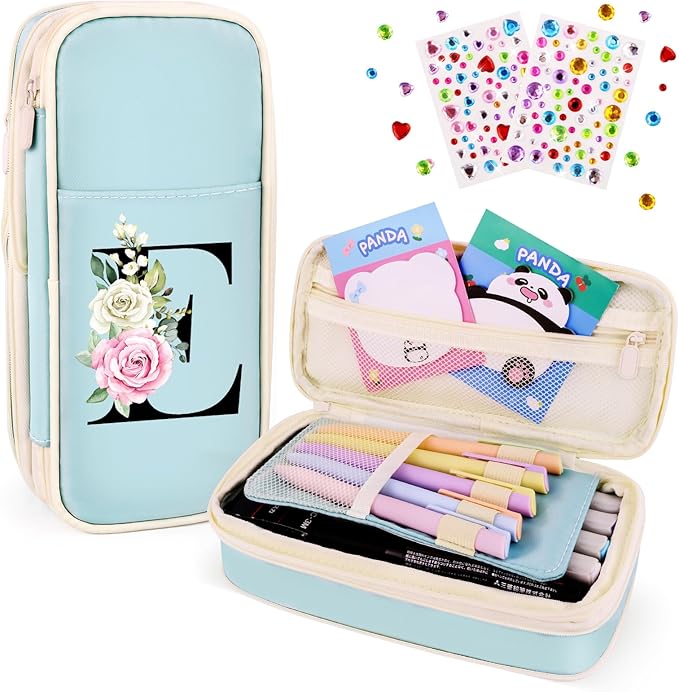 Preppy Pencil Case for Girls, Cute Large Pencil Pouch, Personalized Initial Pencil Bag with Zipper for School College Office Supplies, Back to School Supplies Gifts for Teen Girls (E, Blue)