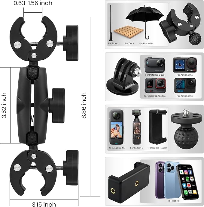 Premium 3-in-1 Umbrella Clamp for Chairs, Strollers, Boats & Kayaks Adjustable Mounting Bracket for Umbrella, Camera & Phone Durable Anti Slip Trolling Motor Stabilizer for Outdoor Hands Free Use