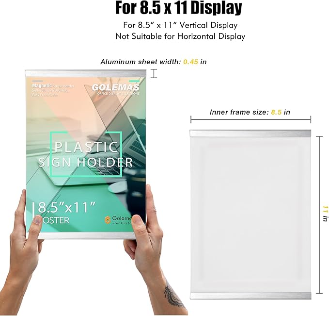 Acrylic Magnetic Sign Holder, Easy-Opening 8.5 x 11 Wall Mount Display Frames, Self Adhesive Back Plastic Clear Document Holder, Silver Aluminium Strips Frame (8.5 x 11, 12Pack)