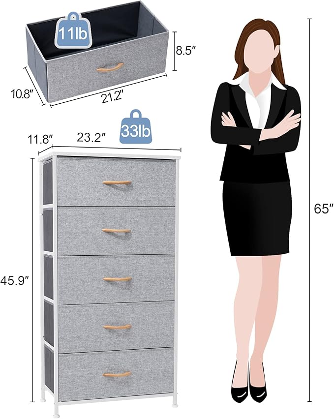 Crestlive Products Vertical Dresser Storage Tower - Sturdy Steel Frame, Wood Top, Easy Pull Fabric Bins - Wide Organizer Unit for Bedroom, Hallway, Entryway, Closets - 5 Drawers(Light Gray)