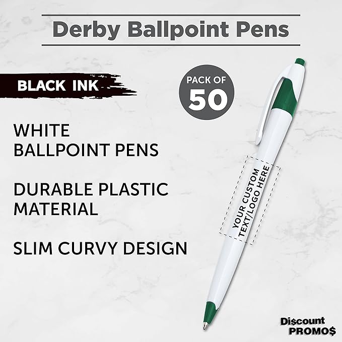 DISCOUNT PROMOS Custom Slim Curvy Ballpoint Pens Set of 50, Personalized Bulk Pack - Black Ink, Retractable, Great for Office, School, Tradeshows - Green
