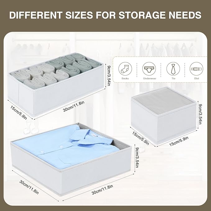 DIMJ Drawer Organizer Clothes, 12 Pack Fabric Closet Organizers and Storage, Foldable Baby Clothes Organizer & Dresser Bin For Nursery, Bedroom, Closet, Socks, Bra, Tie,White