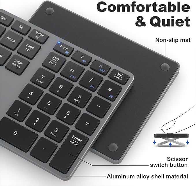 MOFII Bluetooth Number Pad for Laptop - Gray Wireless Numeric Keypad 35 Keys USB-C Rechargeable Numpad, Accounting Portable Financial Data 10 Key for Laptop/PC/Desktop/Notebook/Surface Pro