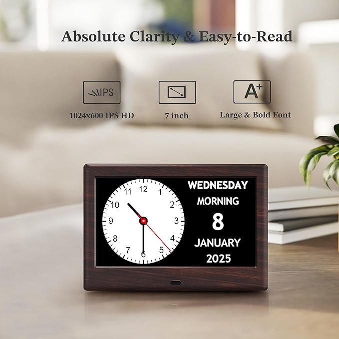 7'' Digital Clocks, 12 Reminders & 6 Alarms, Dementia Clock with Date and Time for Elderly, Auto-Dimming, Button & Remote Control, Auto DST, Digital Calendar for Seniors Large Display, Brown Woodgrain