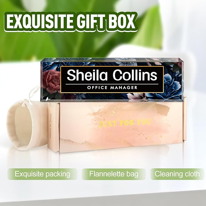 Custom Acrylic Name Plate for Desk, Employee Appreciation Gifts, Office Decor, Personalized, Funny Gifts for Coworkers, Boss, Teacher (Blue Flowers)