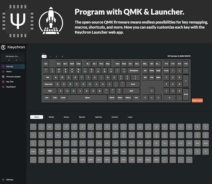 Keychron K5 QMK Ultra-Slim Full Size Layout Wireless Mechanical Gaming Keyboard, 104 Keys with Banana Switch, White LED Backlight Rechargeable Wired Bluetooth Keyboard for Mac/Windows, Version 2