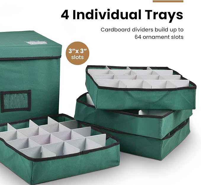 Holiday Cheer Premium Christmas Ornament Storage with 4 Tray – Christmas Storage Container with Dividers Perfect for Holiday Decorations– Fits 64 Holiday Ornaments – Tear-Proof Fabric