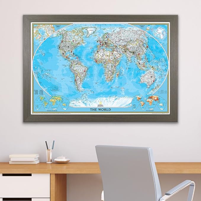 Push Pin Travel - Classic World, Barnwood Gray with 150 Pins for Tracking Your Travels - 27.5" x 39.5" - 8 Handcrafted Options - Made in USA - Ideal for Any Traveler