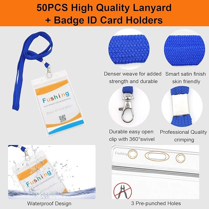 Fushing 50pcs Clear Plastic Vertical Name Tags Badge ID Card Holders and Blue Neck Lanyards with Swivel Hook for School, Festival, Event (M)