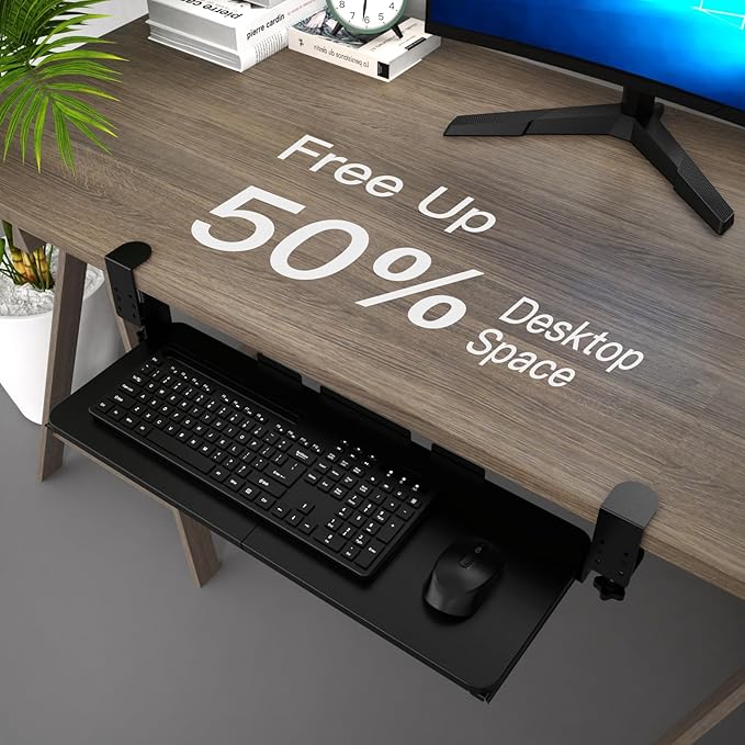 Large Keyboard Tray Under Desk Pull Out with Adjustable C-Clamp, Ergonomic Slide-Out Computer Keyboard and Mouse Platform Drawer for Office and Home Typing (Black)