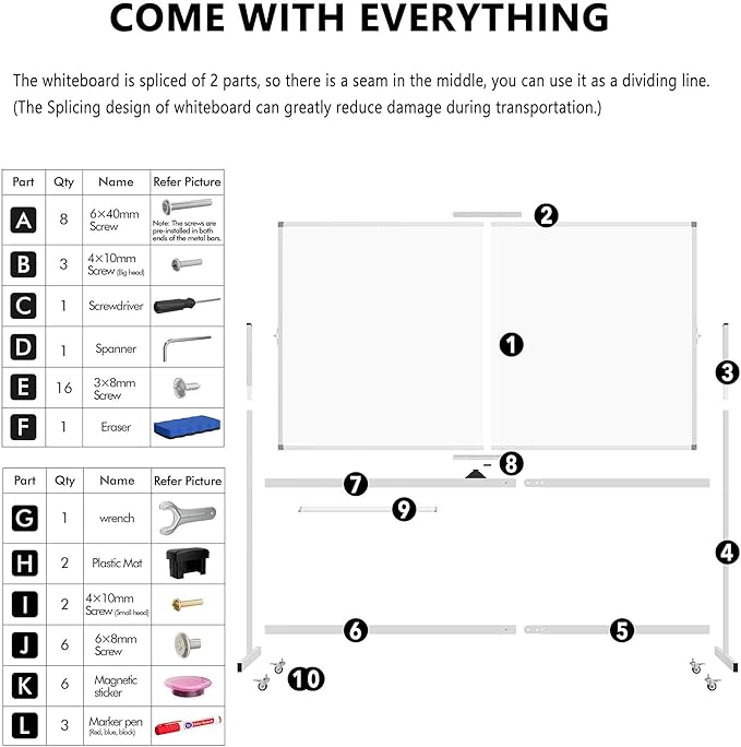 Large Rolling Whiteboard on Wheels, 72" x 40" Double-Sided Mobile White Board with Stand, Portable Standing Magnetic Dry Erase Board Easel for Home Office Classroom School, Silver