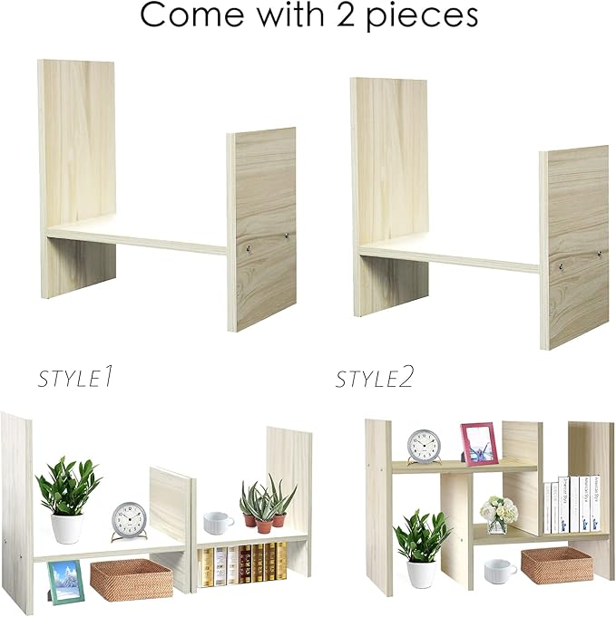J.M.Deco Desktop Organizers and Storage for Office, Adjustable Desk Organizer Shelf Double H Display, True Natural Stand Shelf, Desktop Organizer White Wood Tone