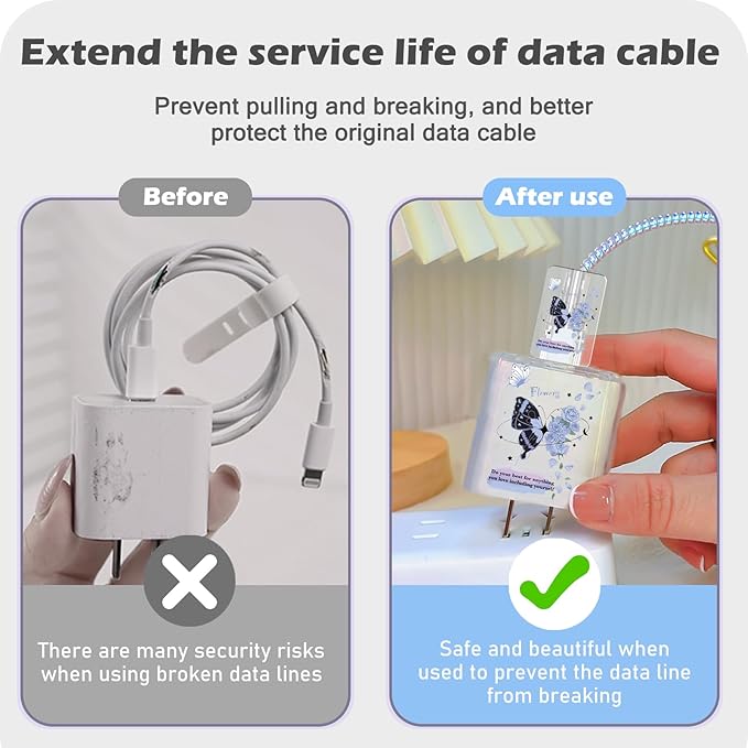 Lovely Cable Protector for iPhone 18W/20W Charger, Blue Black Butterfly Flowers Design Transparent Data Line Cable Saver Phone Charging Protector for Apple Charger Case