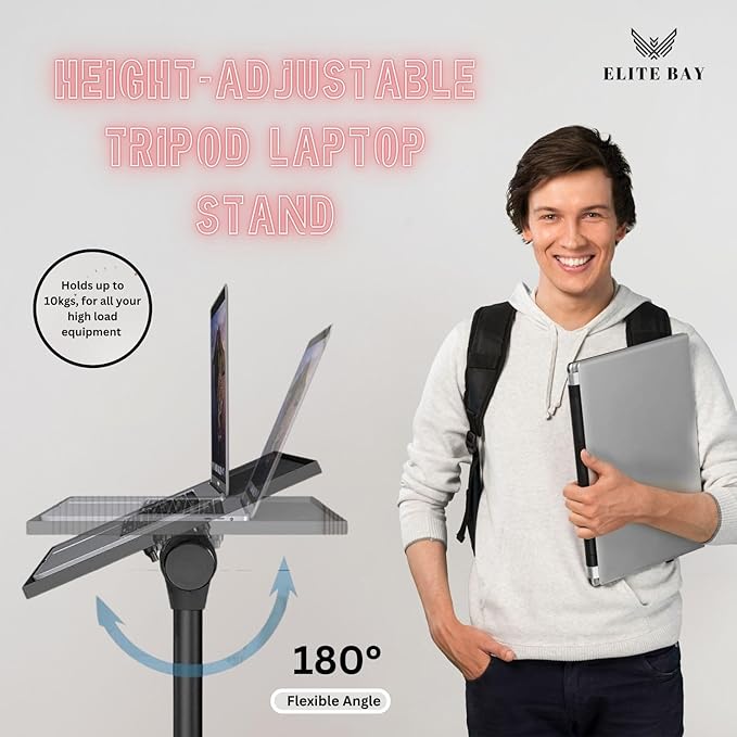 Adjustable Laptop Stand Tripod with Tray & Phone Mount – Heavy-Duty Alloy Tripod with 40.7x27.6cm Platform | Height Adjustable 0.65–1.6m | 15kg Load Capacity | Portable & Foldable