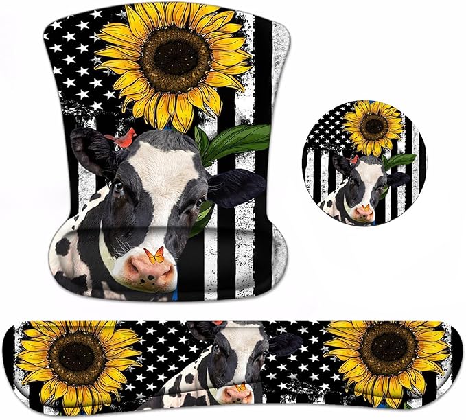 Keyboard Wrist Rest and Mouse Pad Wrist Support Set with Coasters, Non-Slip PU Base Ergonomic Mousepad for Computer Laptop Home Office Easy Typing & Pain Relief, American Flag Sunflower and Cow