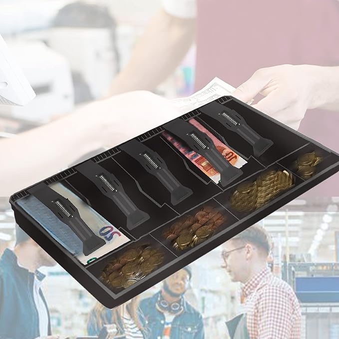 Cash Register Drawer for Money Storage, Cash Tray with 5 Bill/4 Coin Compartments for Supermarkets, Shops, Hotels (Black)