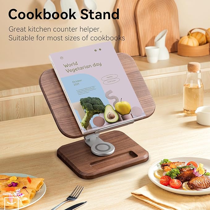 Book Stand for Reading, Mayhas Adjustable Book Holder with 360° Swivel Base&Page Clips, Foldable Desktop Stand for Cookbook, Fits All Books (Walnut, Wood Base)
