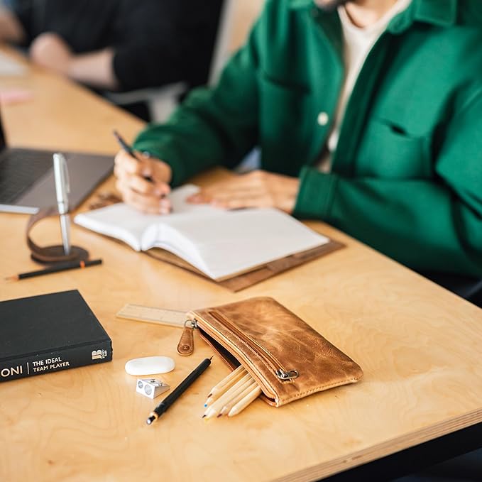 Moonster Leather Pencil Case Pouch 8" x 4" - Leather Pen Case with Zipper