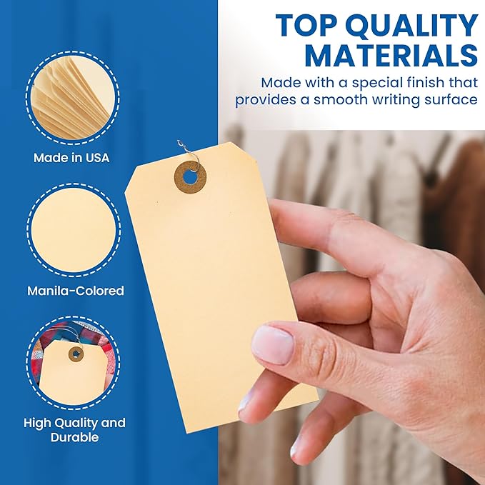 Perco Manila Shipping Tags with Metal Wires — Large Durable Blank Paper Tags 4¾″ x 2⅜″ — Ideal for Labeling and Inventory Use — Box of 500