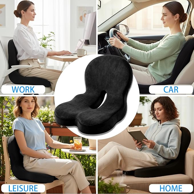 Ergonomic Memory Foam Reenly Seat Cushion & Non-Slip Base with Adjustable Straps,Seat Cushion for Truck Driver and Office Chair Cushion,Removable Washable Cover- Plush Velvet