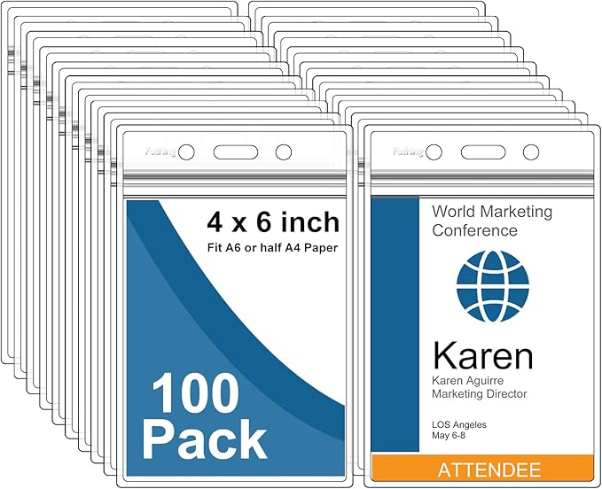 Fushing Pack of 100 Clear Plastic Vertical Badge Holders, Name Tag Holders, Card Holders (XXL)