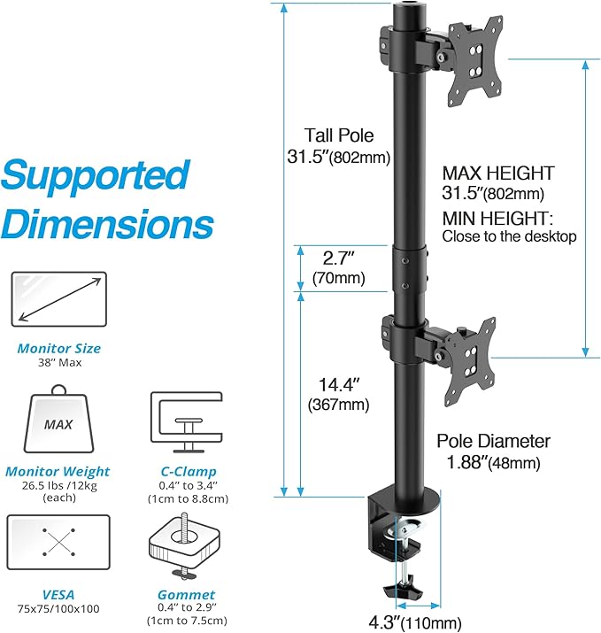 AVLT 38" Vertical Ultrawide Monitor Mount Stand Two Stacked 26.5 lbs Screens on Heavy-Duty Pole Save Workspace with Fine-Tune Height Tilt Swivel Rotate Adjustment C-clamp and Grommet Mounting Base